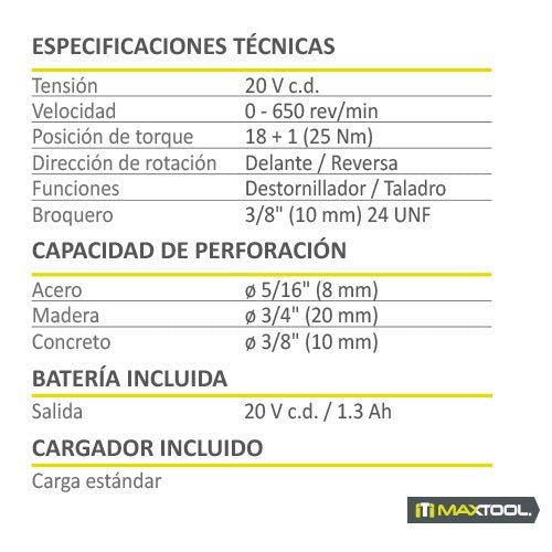 Taladro inalámbrico de 3/8" / 20V - 1.3 Ah MX Maxtool - FERRETERÍA WITZI