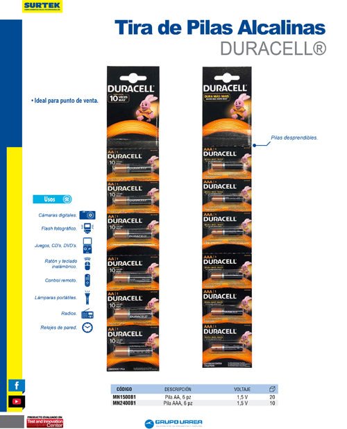 Tira de pilas alcalinas Duracell® 6 piezas Surtek - FERRETERÍA WITZI