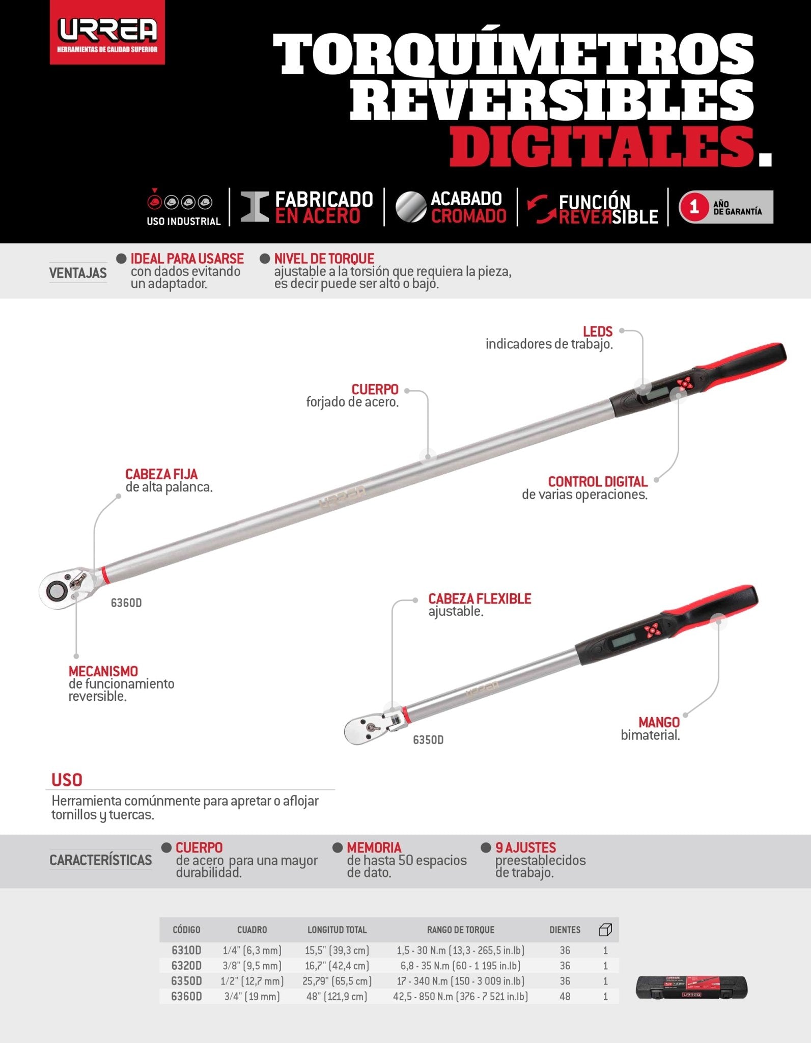 Torquímetro digital cuadro de 1/2", 150 - 3000 in - lb Urrea - FERRETERÍA WITZI