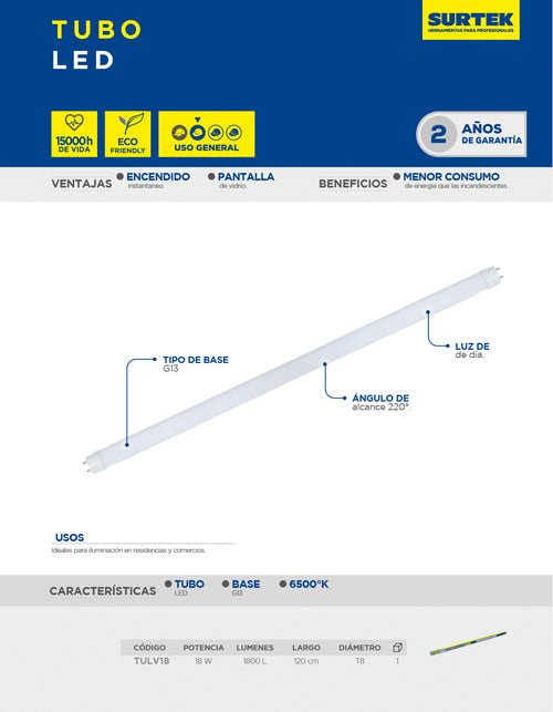 Tubo de LED base G13 pantalla de vidrio 120 cm, 18 W Surtek - FERRETERÍA WITZI