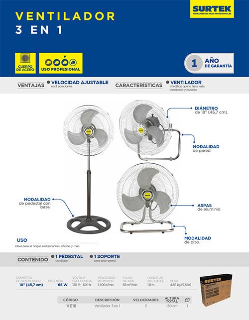 Ventilador 3 en 1, 3 velocidades, 18" Surtek - FERRETERÍA WITZI
