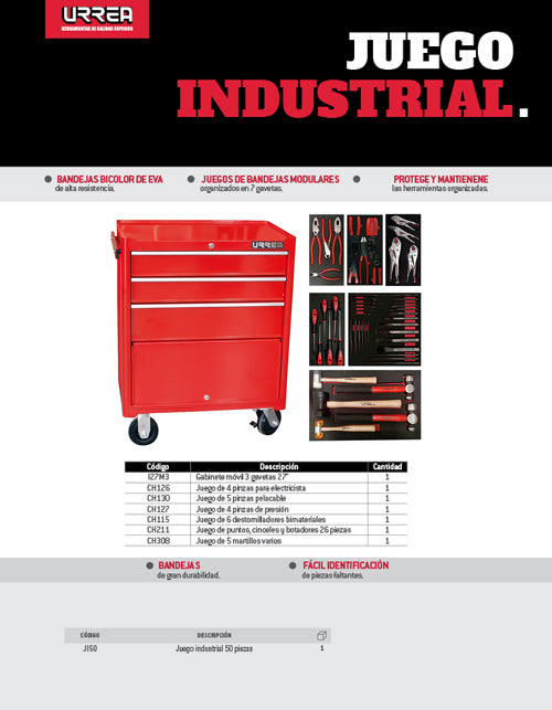 Juego industrial con organización modular de 3 gavetas 50 piezas, con gabinete I27M3 Urrea