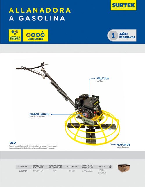 Allanadora a gasolina 6,5 HP diámetro de alisado de 36" Surtek - FERRETERÍA WITZI