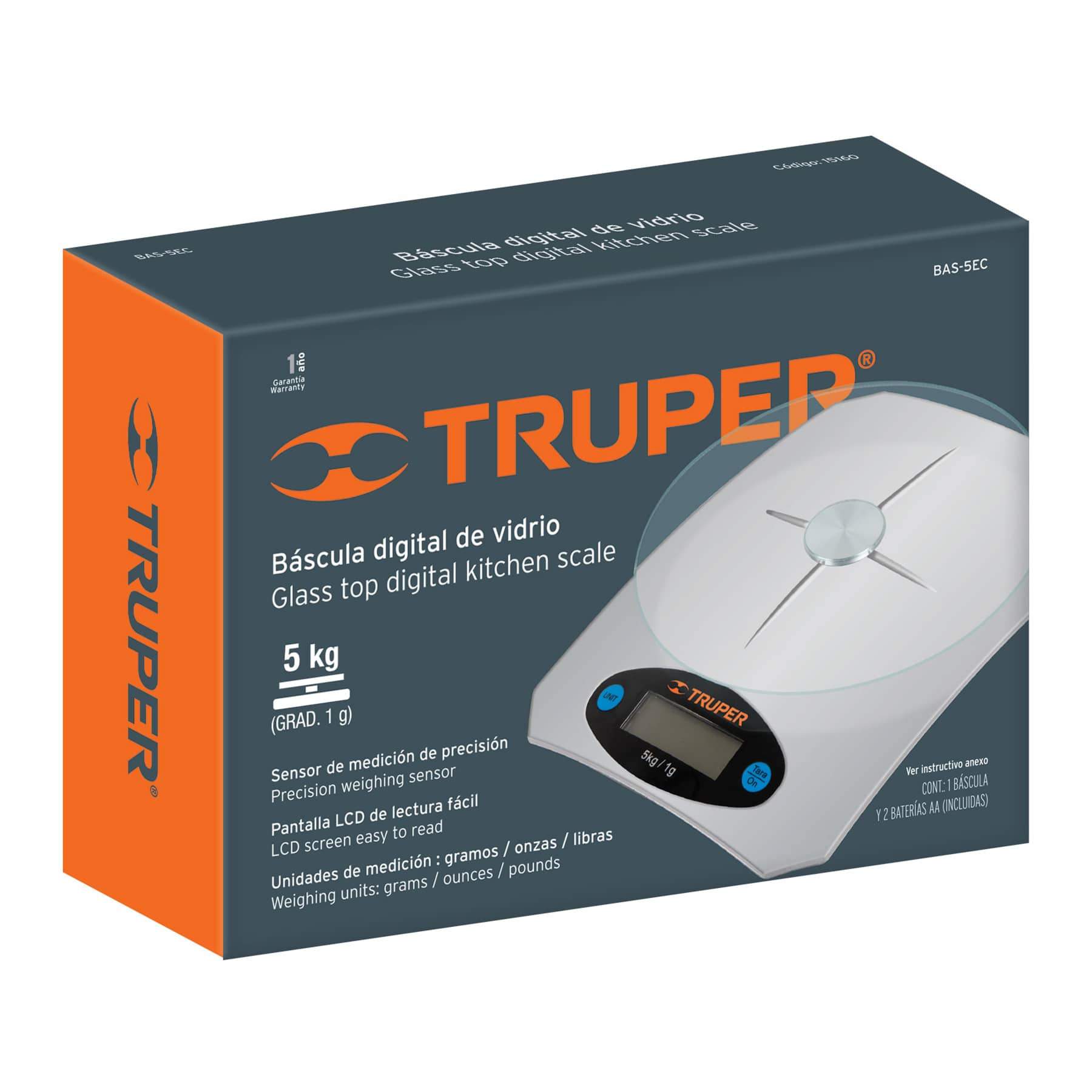 Báscula Digital Para Cocina, 5kg, Plato De Vidrio, Pretul