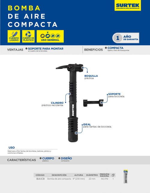 Bomba de aire manual compacta 9" Surtek - FERRETERÍA WITZI