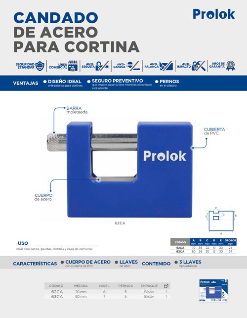 Candado de acero con cubierta plástica de PVC, llave estándar Prolok - FERRETERÍA WITZI