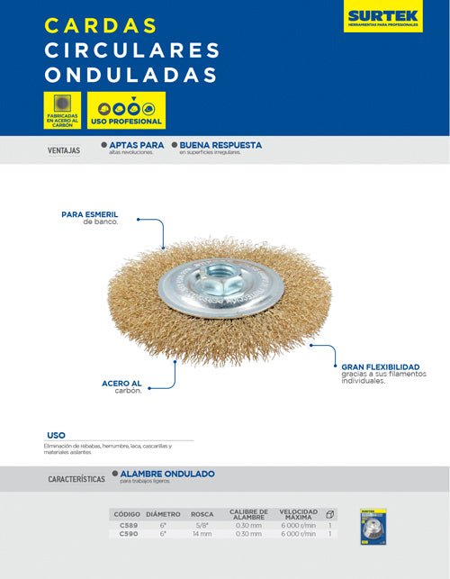 Carda circular ondulada alambre delgado 6" x 0.35 Surtek - FERRETERÍA WITZI