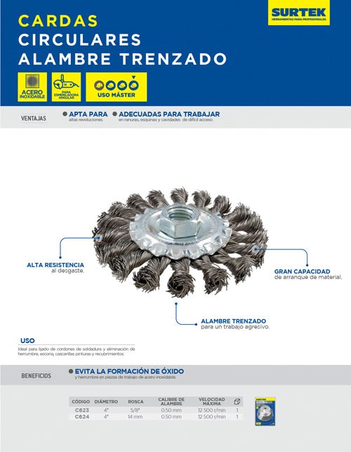 Carda circular ondulada alambre delgado acero inoxidable 4" x 0.30 mm con rosca 5/8" Surtek - FERRETERÍA WITZI