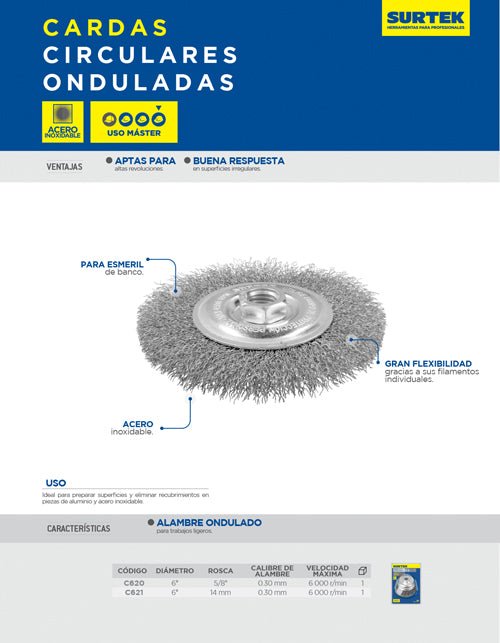 Carda circular ondulada alambre delgado acero inoxidable 6" x 0.30 mm Surtek - FERRETERÍA WITZI