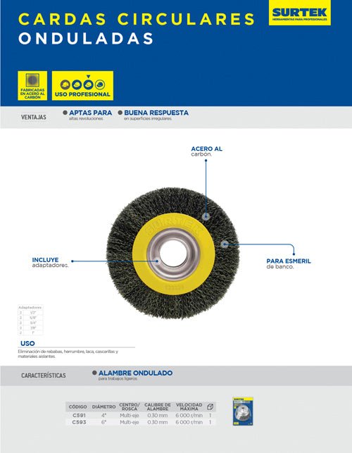 Carda circular ondulada alambre delgado multi eje Surtek - FERRETERÍA WITZI