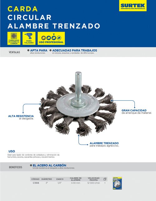 Carda circular trenzada alambre delgado 3" x 0.30 mm con zanco 1/4" Surtek - FERRETERÍA WITZI