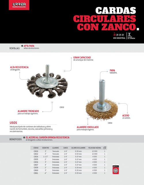 Carda circular trenzada alambre fino con zanco 1/4" Urrea - FERRETERÍA WITZI