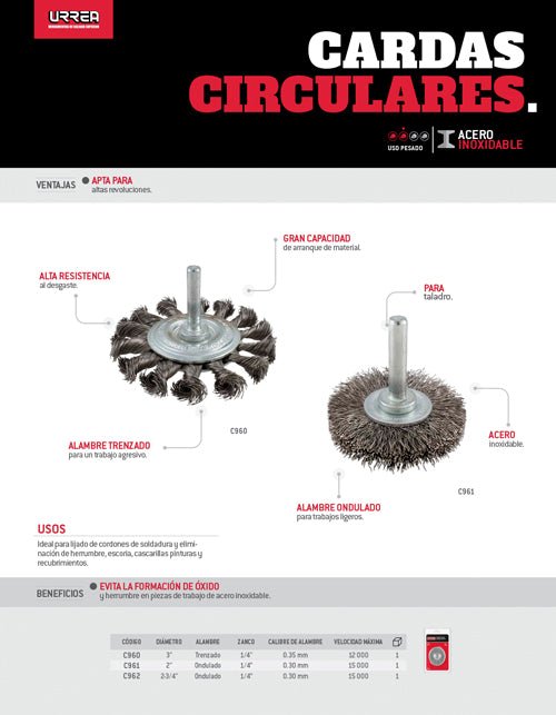 Carda circular trenzada alambre fino de acero inoxidable con zanco 1/4" Urrea - FERRETERÍA WITZI