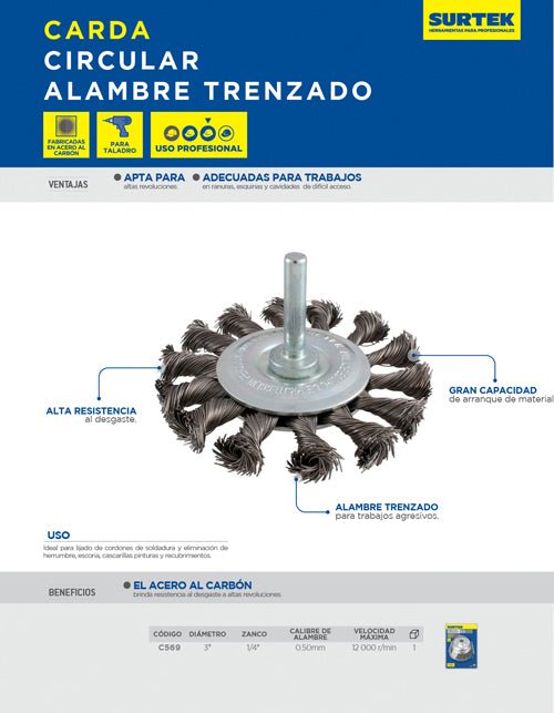 Carda circular trenzada alambre grueso 3" x 0.50 mm con zanco 1/4" Surtek - FERRETERÍA WITZI