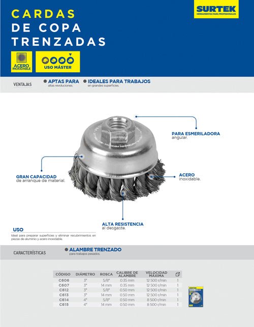 Carda copa trenzada alambre delgado acero inoxidable Surtek - FERRETERÍA WITZI