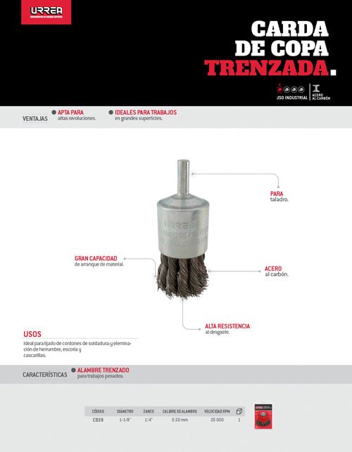 Carda copa trenzada alambre grueso 1-1/8" x 0.50 mm con zanco 1/4" Urrea - FERRETERÍA WITZI