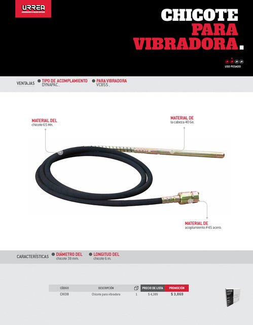 Chicote vibradora concreto compatible con VC855, diámetro acoplamiento 60 mm, longitud 6 m y tipo de acoplamiento Dynapac Urrea - FERRETERÍA WITZI