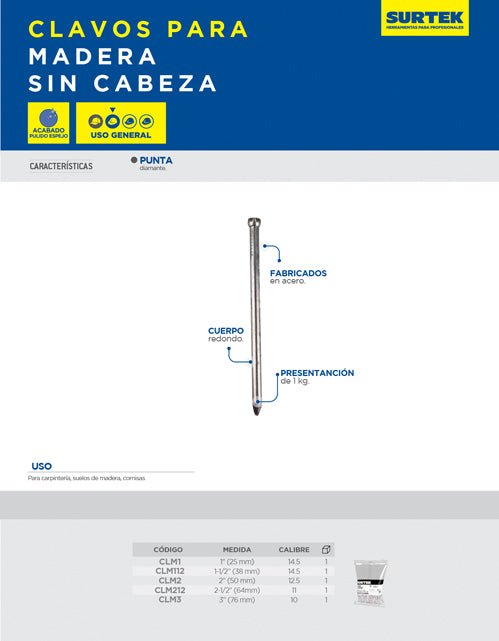 Clavo para madera sin cabeza, bolsa de 1kg Surtek - FERRETERÍA WITZI