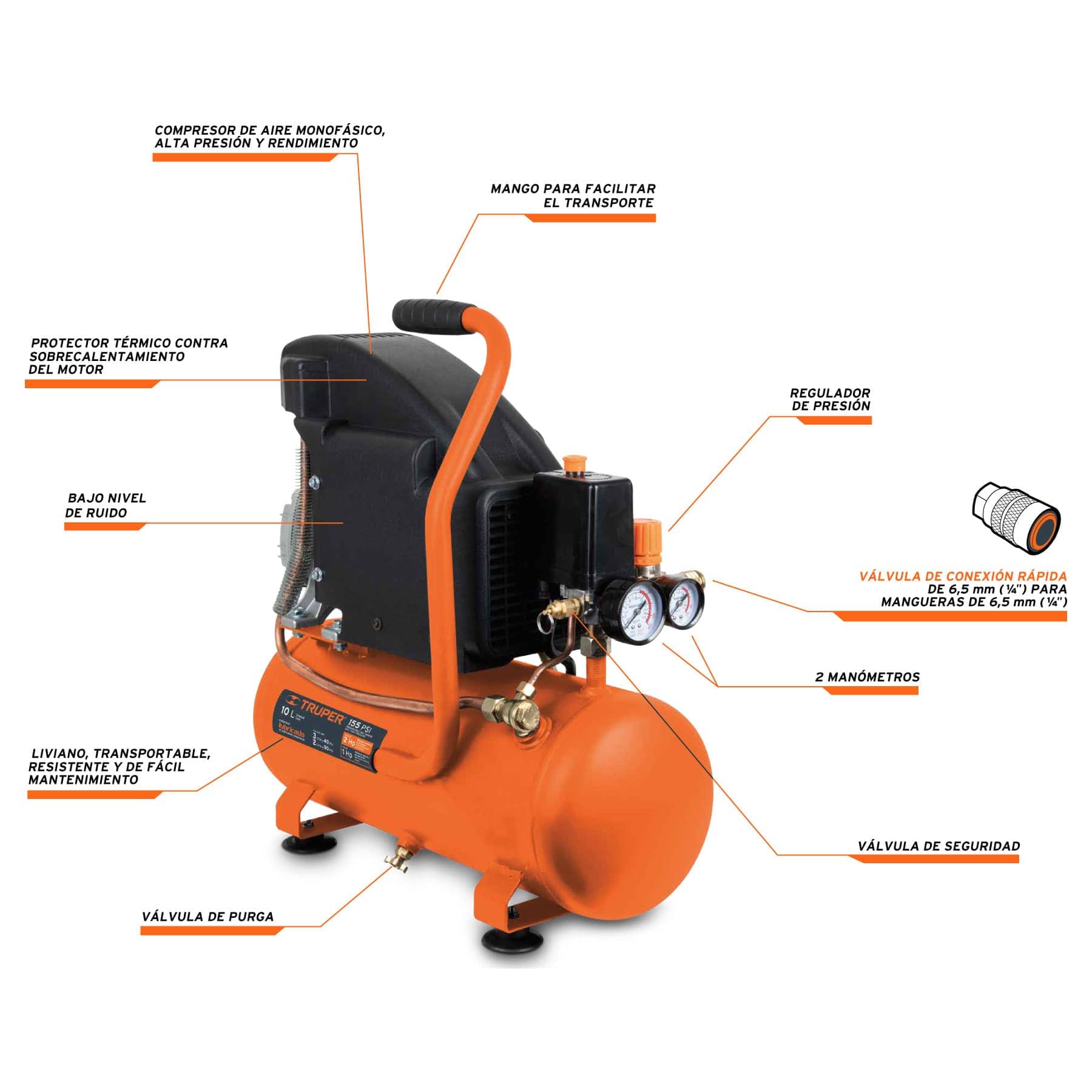 Compresor Horizontal 10 L, 2-1/2", 127 V, Truper - FERRETERÍA WITZI