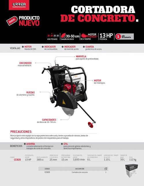 Cortadora de concreto, motor Honda 4 tiempos, 13 HP, cilindrada 389 cc, tanque de agua 30 L, disco 30 a 50 cm Urrea - FERRETERÍA WITZI