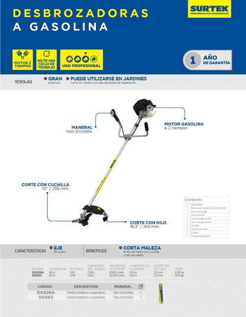 Desbrozadora a gasolina 16.3" 63 cc Surtek - FERRETERÍA WITZI