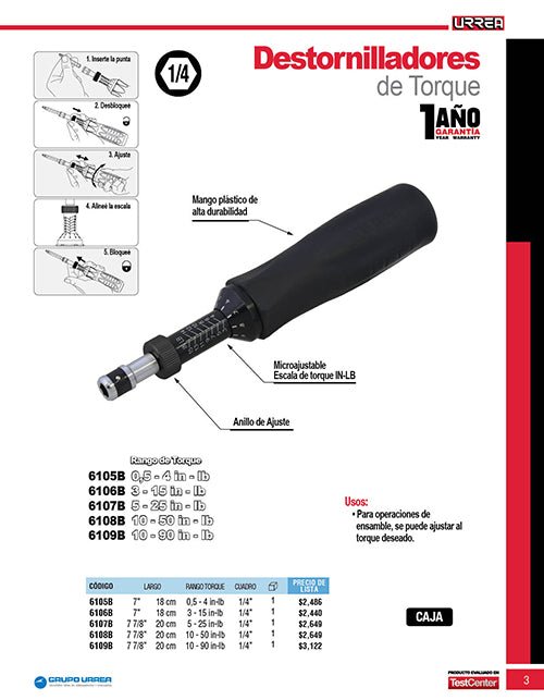 Destornillador de torque microajustable con mango plástico cuadro de 1/4", 3-15 in-lb Urrea - FERRETERÍA WITZI