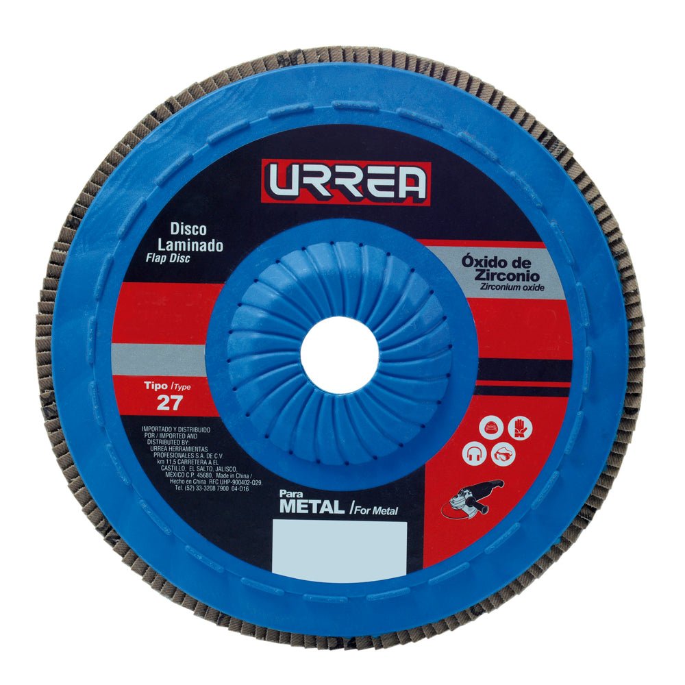 Disco laminado tipo 27 grano 40 con respaldo plástico, 4-1/2" Urrea. - FERRETERÍA WITZI