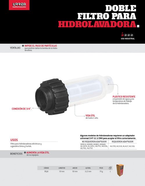 Doble filtro para hidrolavadoras URREA y SURTEK para impedir el paso de impurezas a la bomba Urrea - FERRETERÍA WITZI