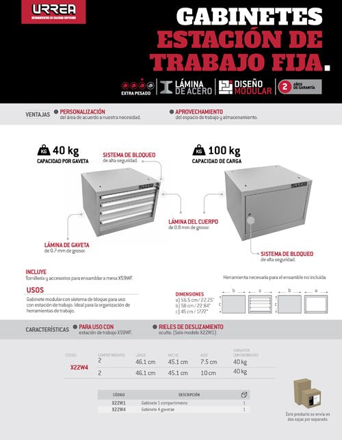 Gabinete para estación de trabajo 4 gavetas 22" serie X Urrea - FERRETERÍA WITZI