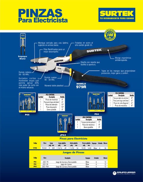 Juego 4 pinzas para electricista Surtek - FERRETERÍA WITZI