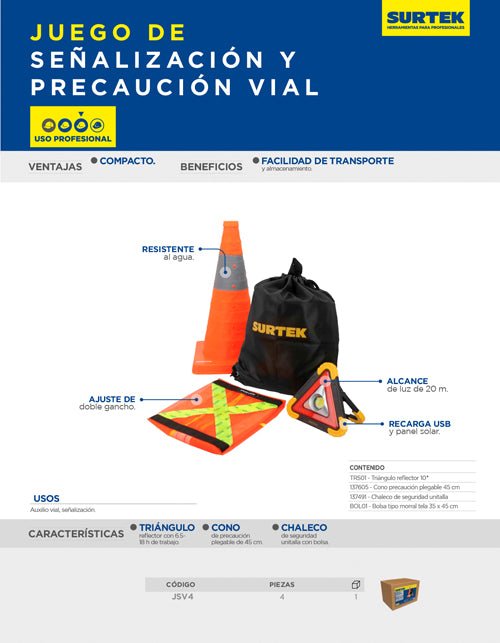 Juego combinado de herramientas para seguridad vial, 4 piezas Surtek - FERRETERÍA WITZI