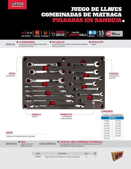 Juego de 15 llaves combinadas con matraca métricas Urrea - FERRETERÍA WITZI