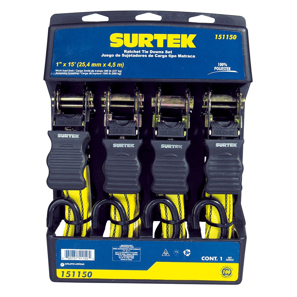Juego de 4 sujetadores y tensores tipo matraca 4.5m Surtek. - FERRETERÍA WITZI