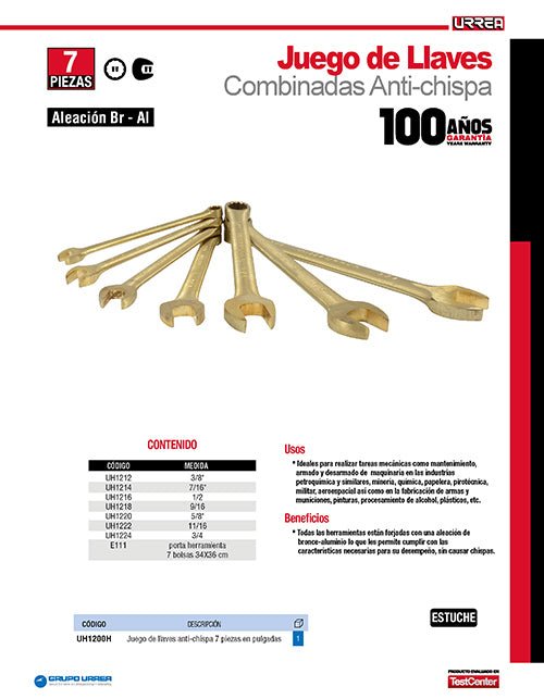 Juego de 7 llaves combinadas de bronce-aluminio antichispa en pulgadas, 12 puntas Urrea - FERRETERÍA WITZI