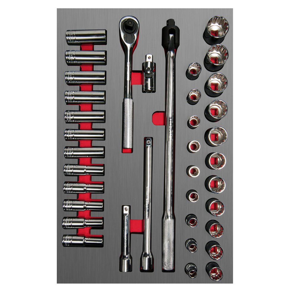 Juego de dados cortos y largos y accesorios de 1/2" métricos, 37 piezas Urrea - FERRETERÍA WITZI