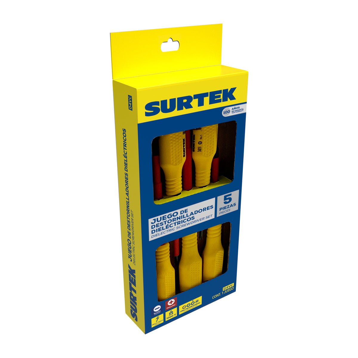 Juego de destornilladores con mango amarillo dieléctricos 1000 V combinados, 5 piezas Surtek - FERRETERÍA WITZI