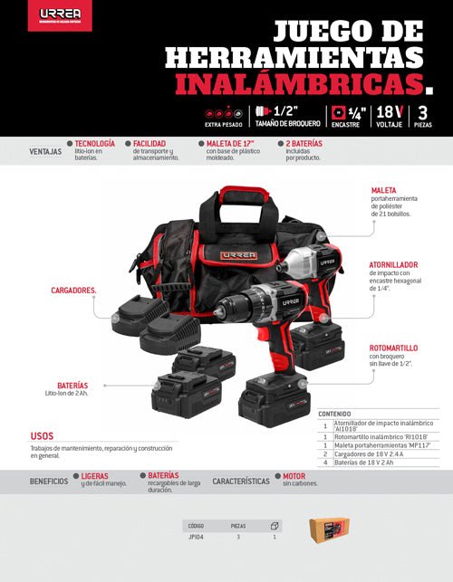 Juego de rotomartillo y atornillador de impacto a batería Litio-ion 18 V, 3 piezas Urrea - FERRETERÍA WITZI