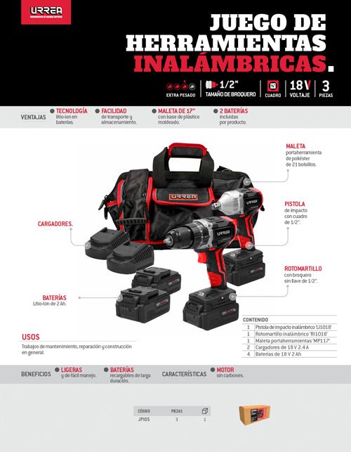 Juego de rotomartillo y pistola de impacto a batería Litio-ion 18 V, 3 piezas Urrea - FERRETERÍA WITZI