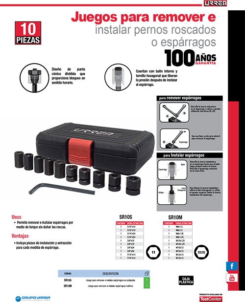 Juego para remover e instalar pernos, 10 piezas Urrea - FERRETERÍA WITZI