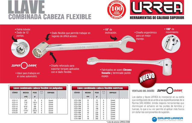 Llave combinada flexible pulido espejo métrica, 12 puntas, Urrea - FERRETERÍA WITZI