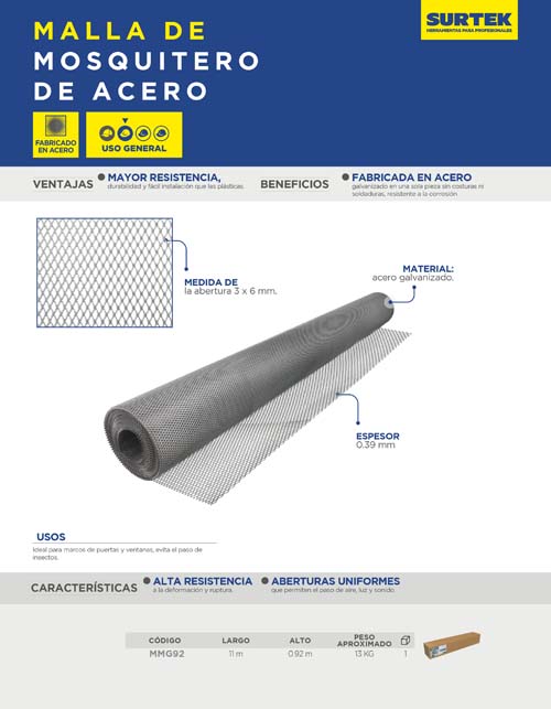 Malla para mosquitero de acero galvanizado 0.92 x 11 m Surtek - FERRETERÍA WITZI