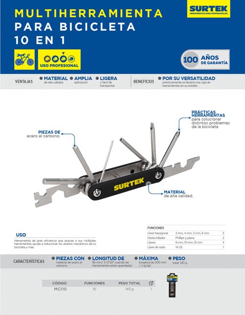 Multiherramienta para bicicleta 10 en 1 Surtek - FERRETERÍA WITZI