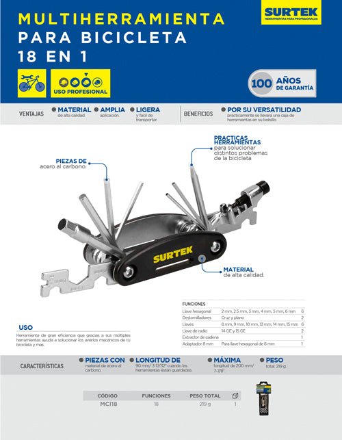 Multiherramienta para bicicleta 18 en 1 Surtek - FERRETERÍA WITZI