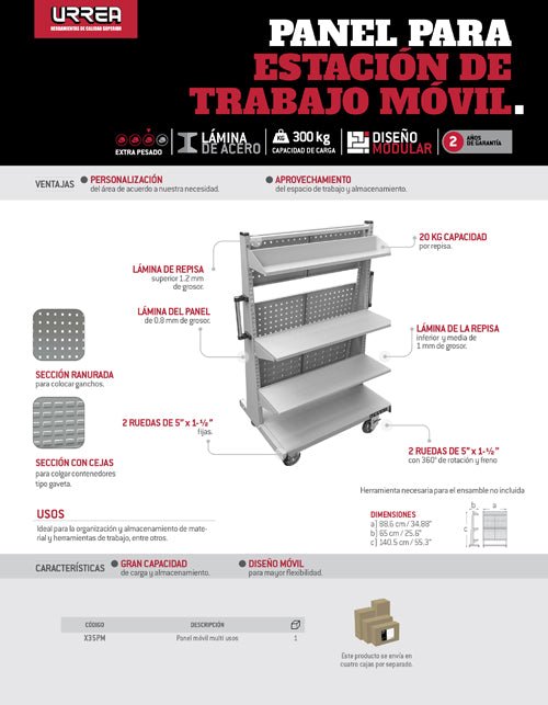 Panel móvil multiusos 34" serie X, 3 repisas Urrea - FERRETERÍA WITZI