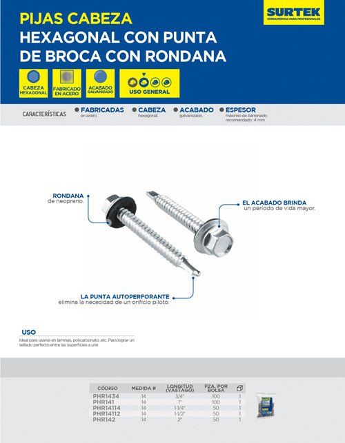 Pija con cabeza hexagonal, con rondana y punta de broca, Surtek. - FERRETERÍA WITZI