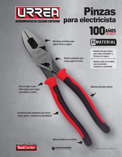 Pinza con mango bimaterial de 6-23/32" punta larga corte lateral con resorte Urrea - FERRETERÍA WITZI