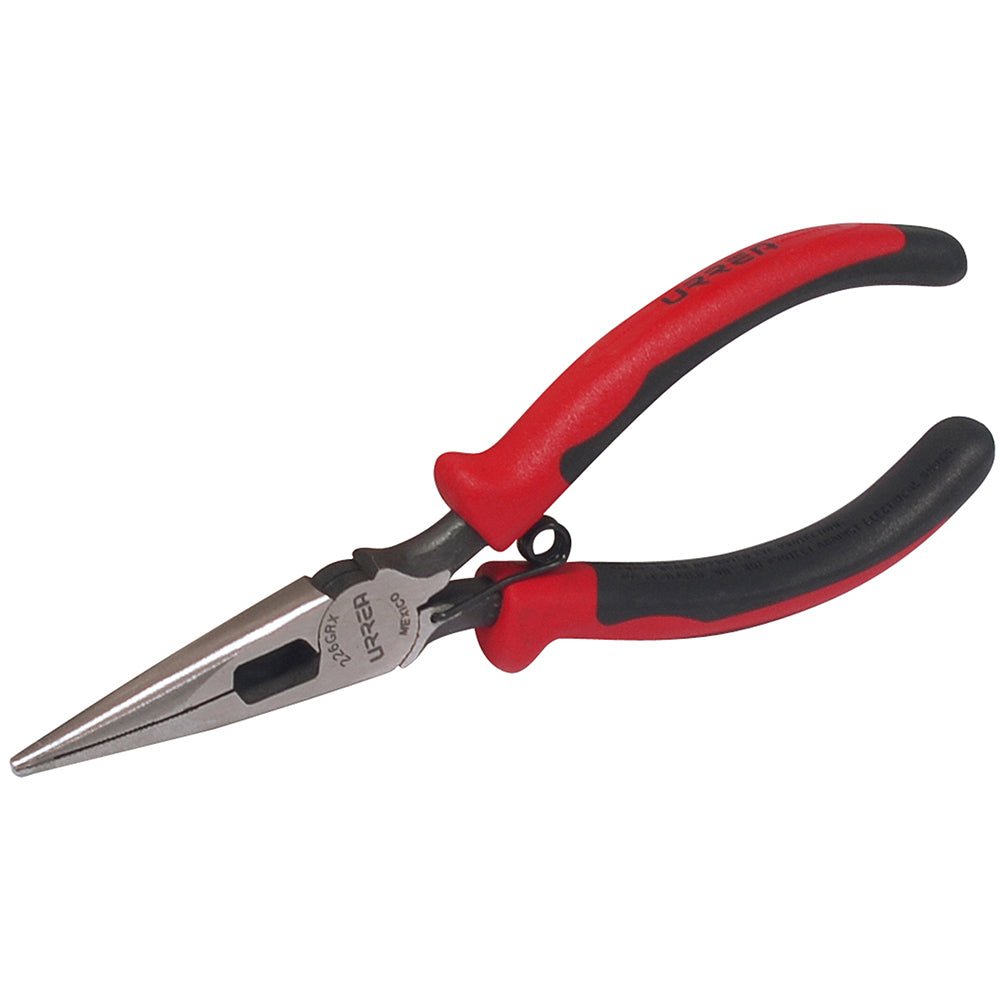 Pinza con mango bimaterial de 6-23/32" punta larga corte lateral con resorte Urrea - FERRETERÍA WITZI