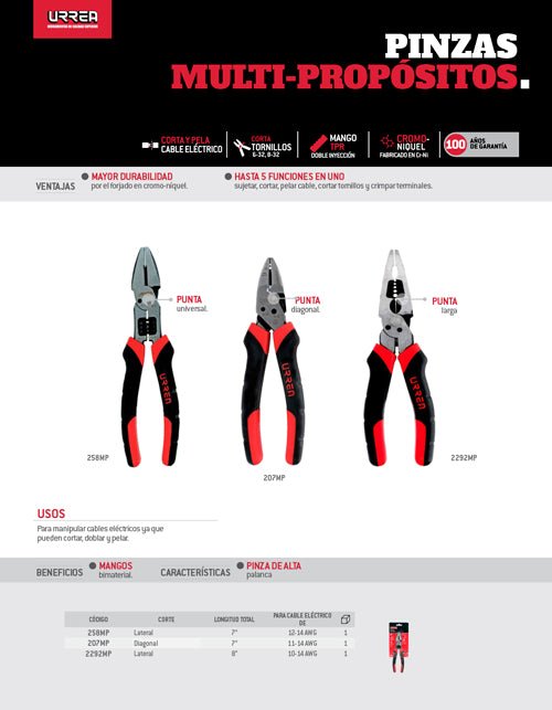Pinza con mango bimaterial multipropósitos de 7" corte lateral Urrea - FERRETERÍA WITZI