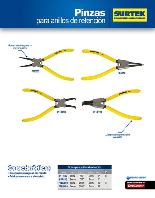 Pinza con mango para anillos de retención fijas tipo interno 1.8 mm ángulo de 0° Surtek - FERRETERÍA WITZI