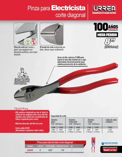 Pinza con mango rubber grip de 8" corte diagonal alta palanca Urrea - FERRETERÍA WITZI